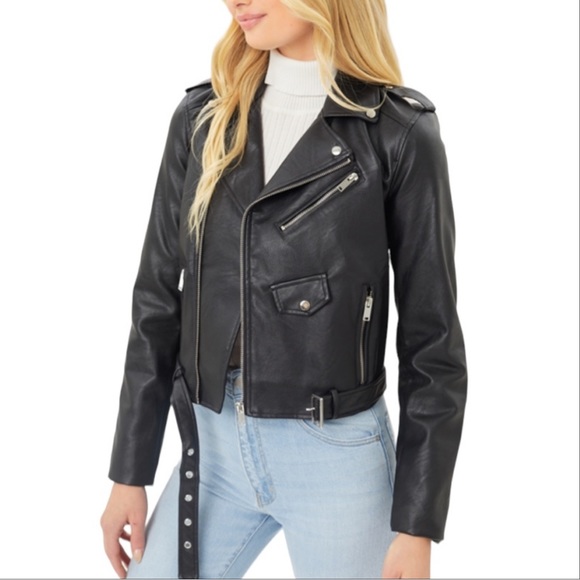 BLACK PU LEATHER BELTED MOTO JACKET - Picture 2 of 5